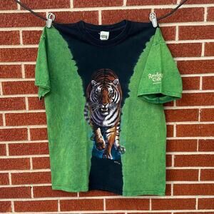 Vintage 90s rainforest cafe tiger habitat green and black split tie dye shirt